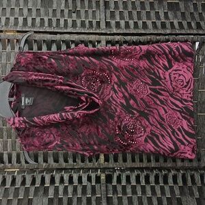 Express Black/Purple Velvet Cowl Neck Rose Pattern Rhinestone Accents Sz L